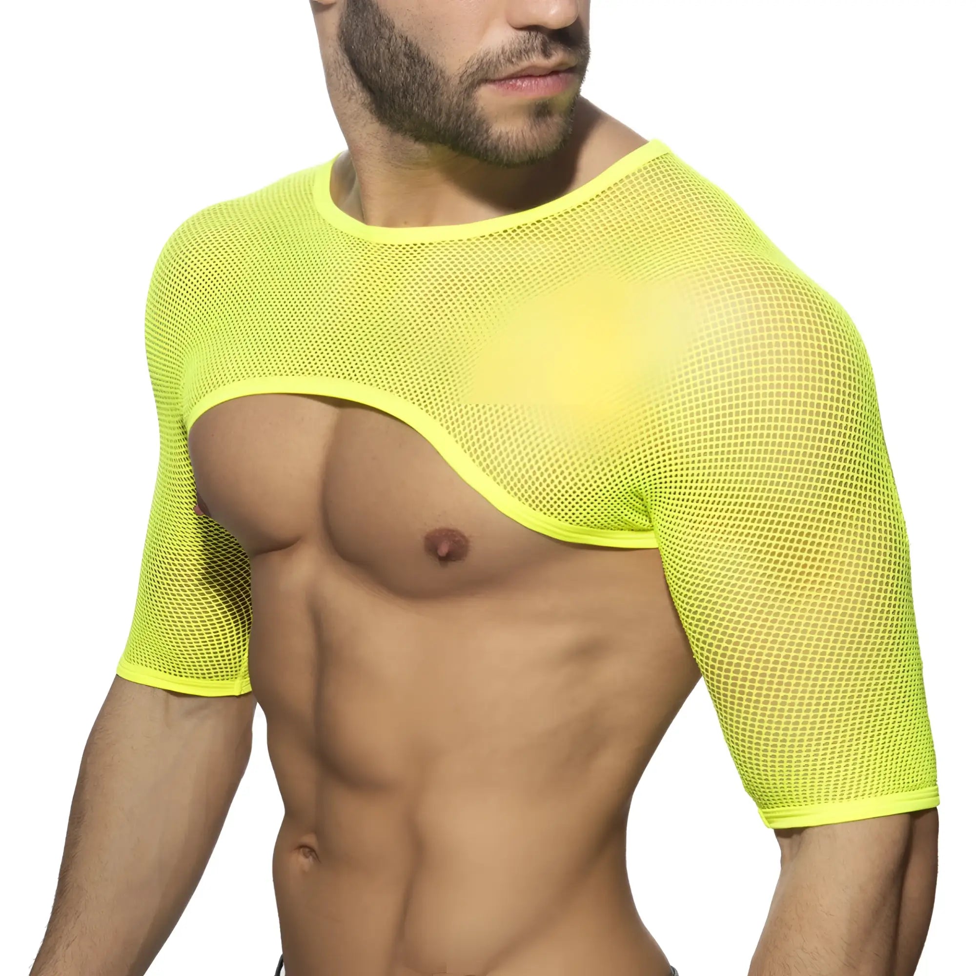 Bright neon yellow mesh crop shoulder top with short sleeves and a cutout design for stylish summer wear