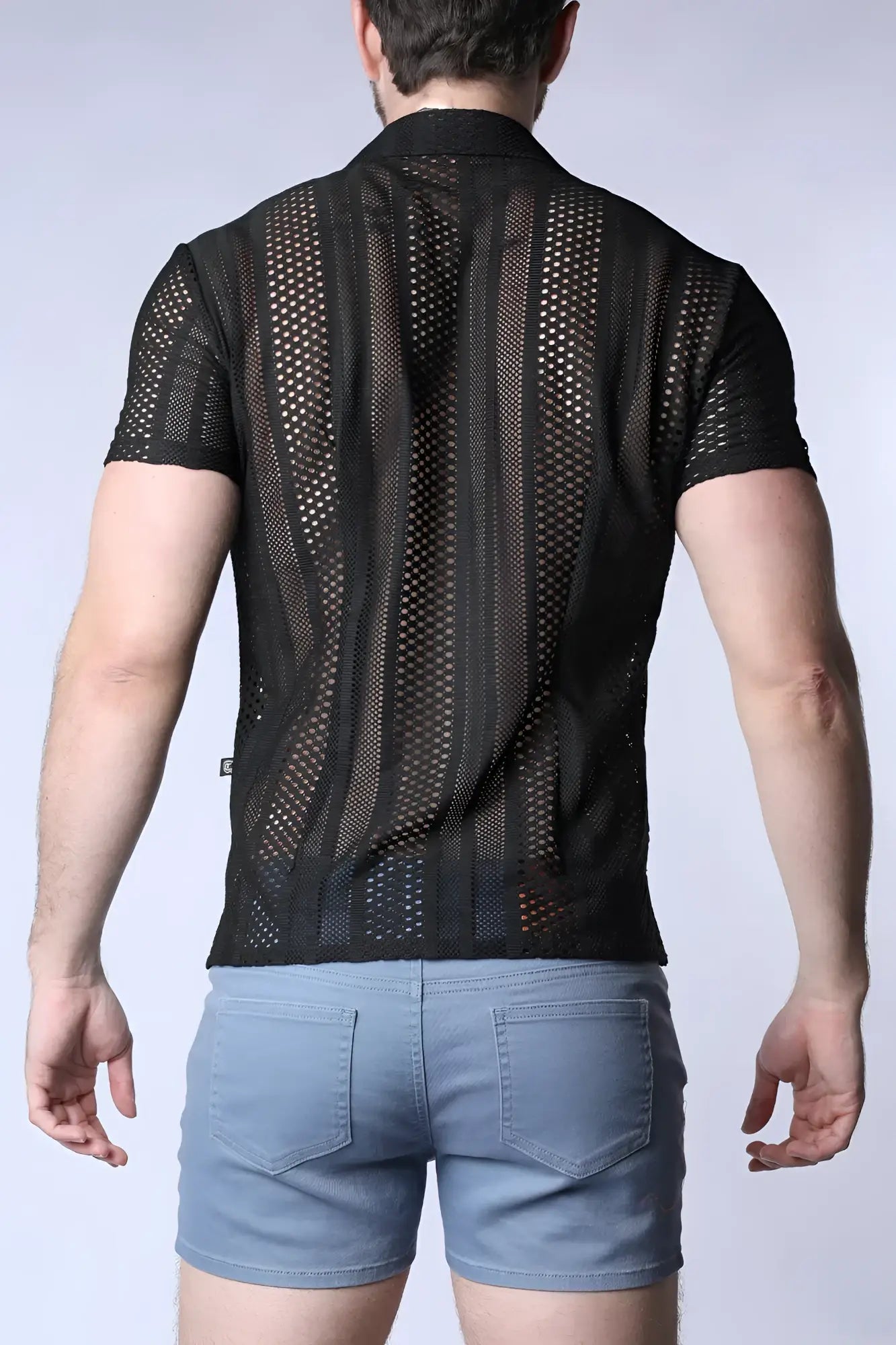Sicily crochet mesh shirt black short-sleeved with vertical striped pattern in breathable crochet fabric