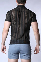 Sicily crochet mesh shirt black short-sleeved with vertical striped pattern in breathable crochet fabric