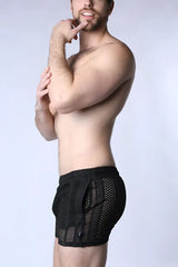 Black sicily crochet mesh athletic shorts with side pocket and subtle waistband branding for activewear use