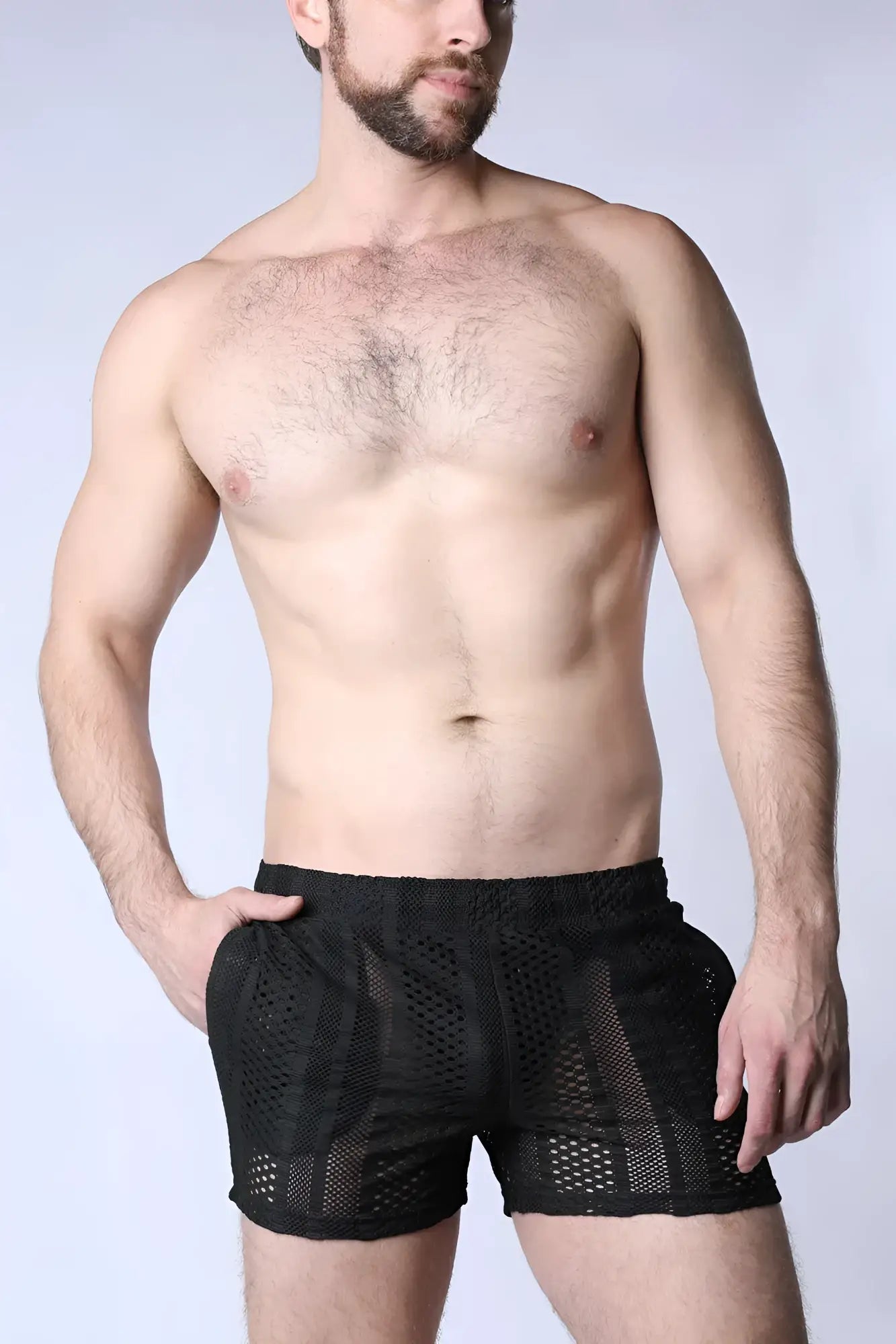 Black sicily crochet mesh shorts with snug elastic waistband and reinforced side seams for athletic use