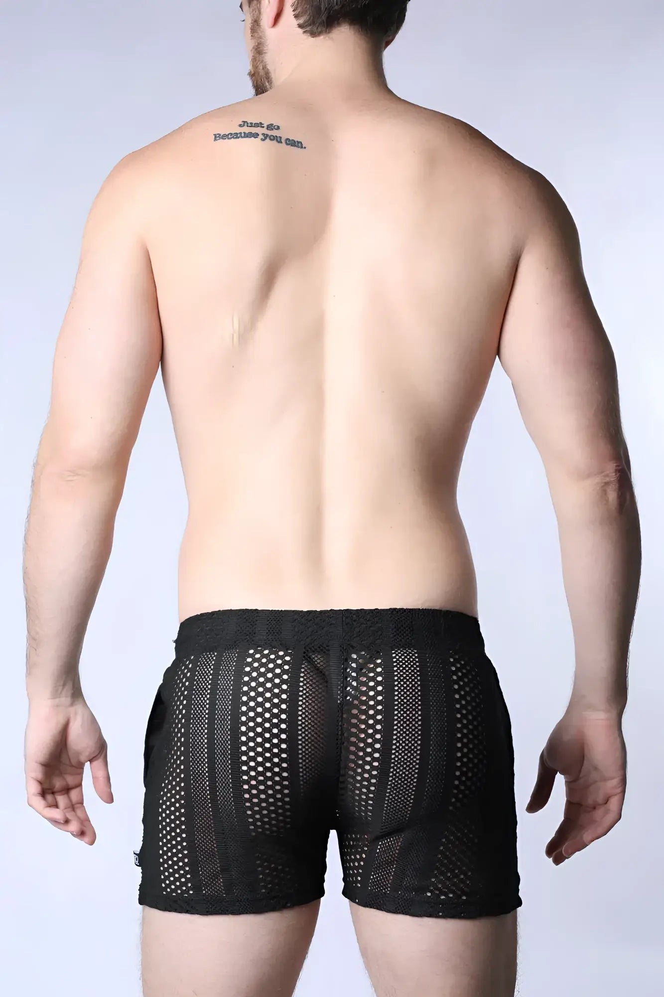 Black Sicily crochet mesh shorts with sleek modern design and reinforced side panels for breathable comfort