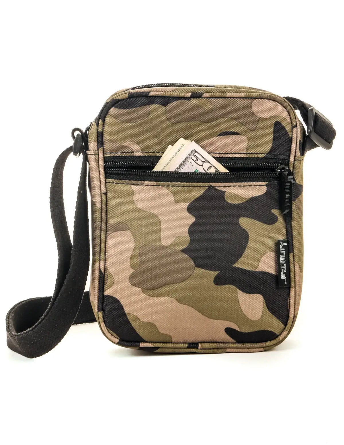 Sidekick crossbody sling bag with camouflage pattern black zipper and strap for hands-free carry