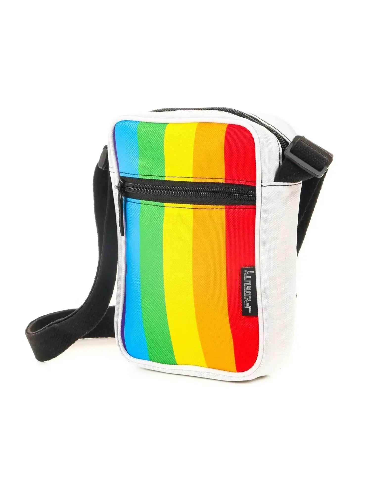 Sidekick crossbody sling bag white with vibrant rainbow stripe pattern and black zipper accents for daily use