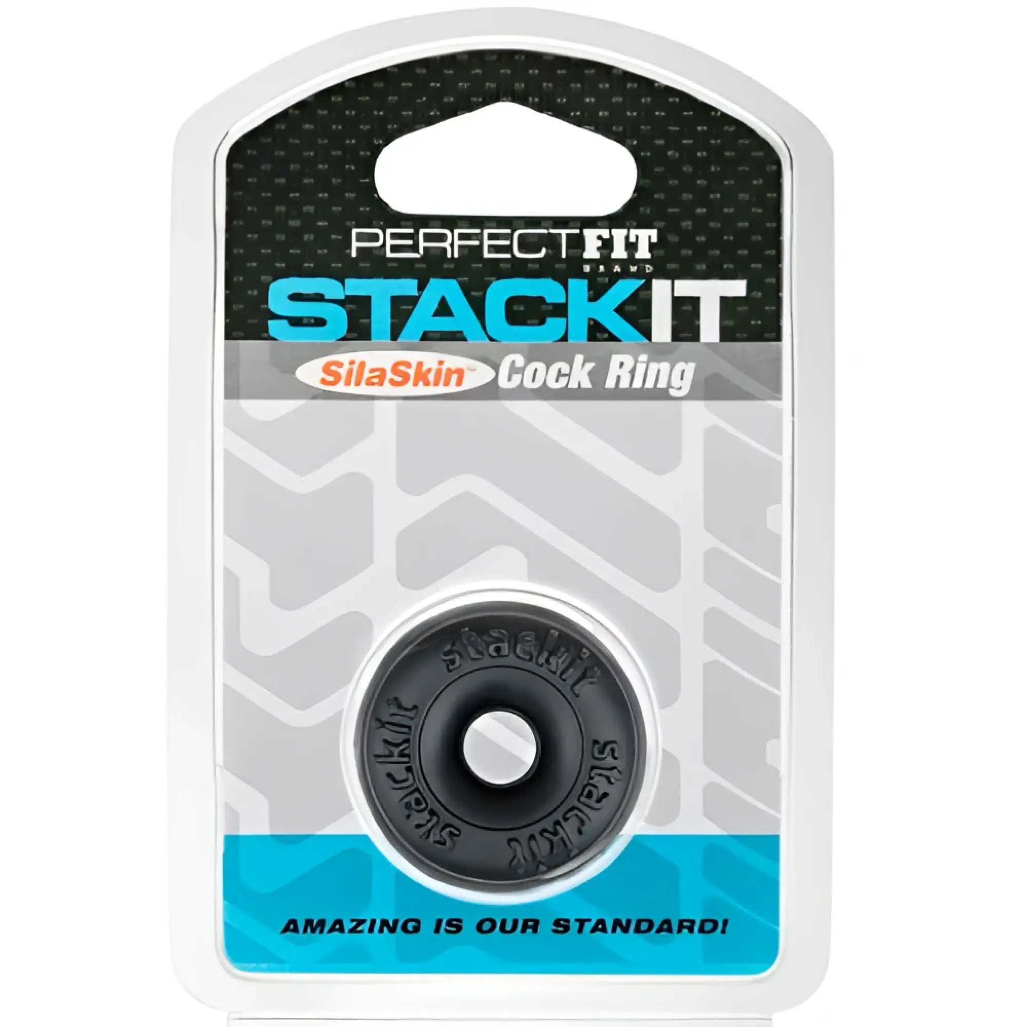 Black silaskin stackit cock ring in branded packaging showing elastic silicone material and compact design