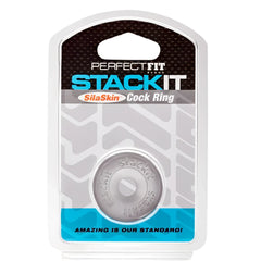Silver metallic stackit cock ring with textured circular design and silaskin branding in the sila skin stackit ring