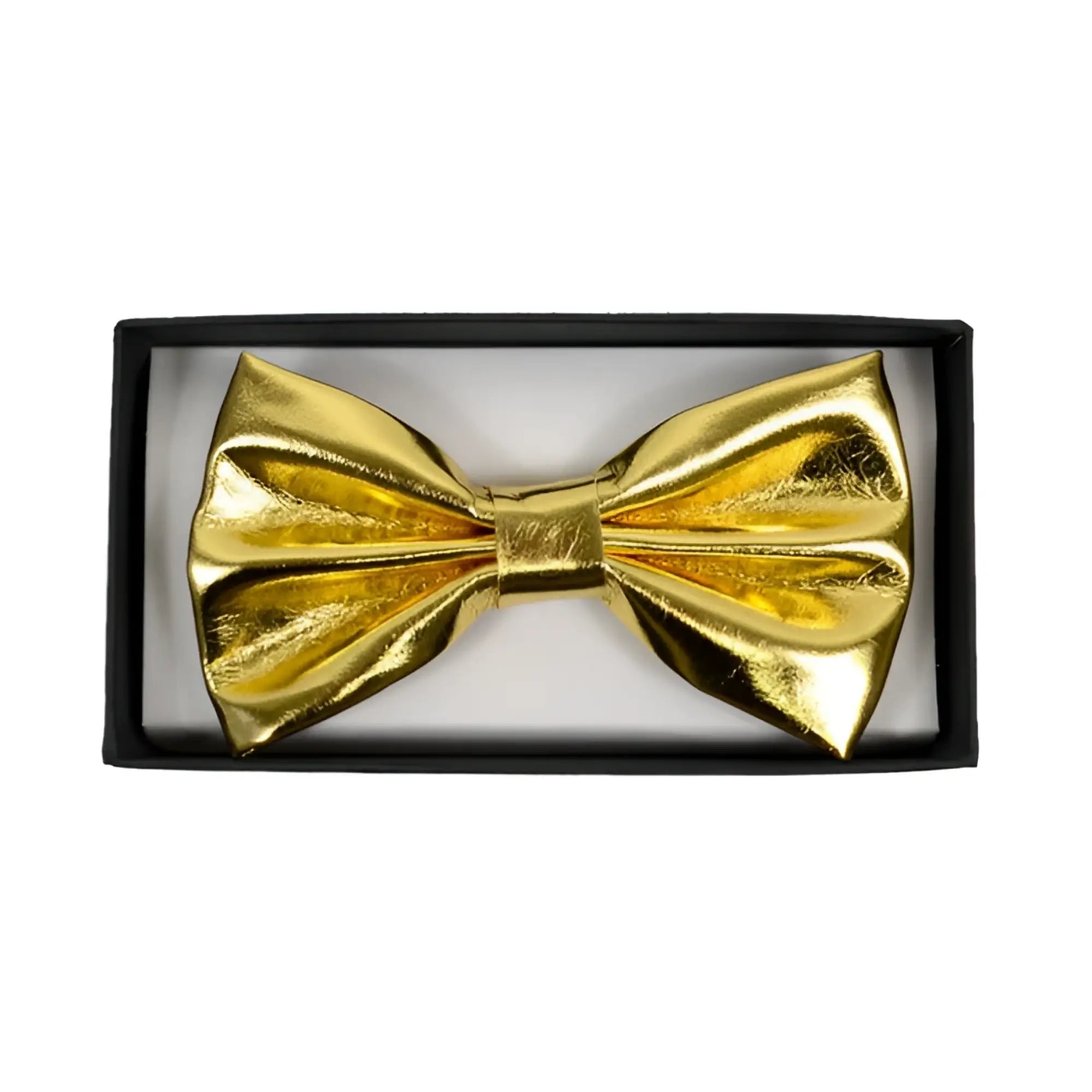 A shiny gold bow tie with a metallic finish displayed in a black gift box from silver or gold bow tie collection