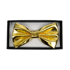 A shiny gold bow tie with a metallic finish displayed in a black gift box from silver or gold bow tie collection