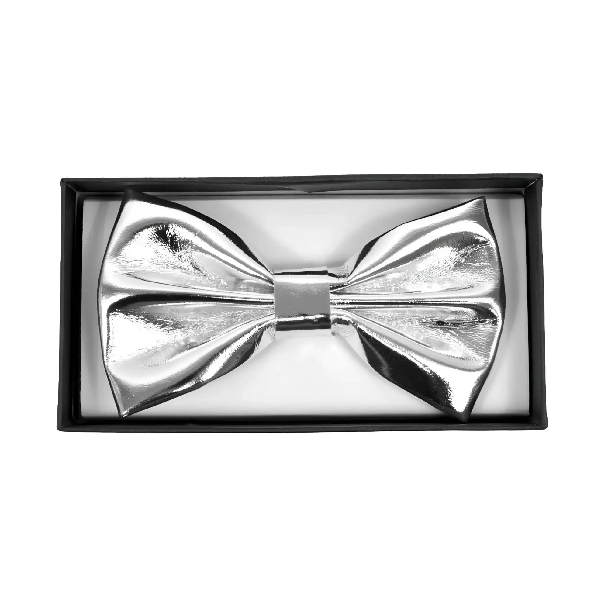 Shiny silver metallic bow tie with a sleek reflective finish perfect for formal events and special occasions