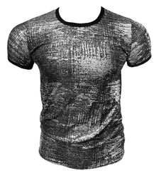Black and silver textured short sleeve t-shirt with contrasting black ribbed neckline and cuffs silver leaf tee