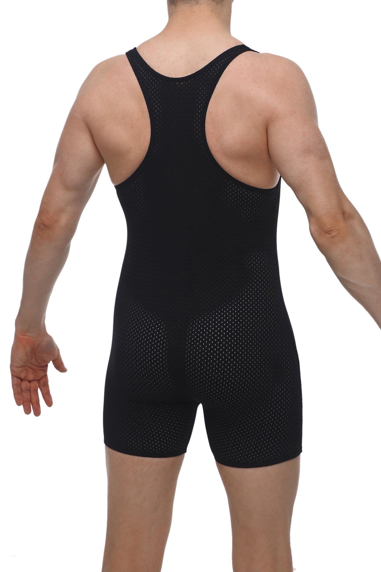 Black mesh-textured compression bodysuit with racerback design shown from the back in petitq singlet bee black