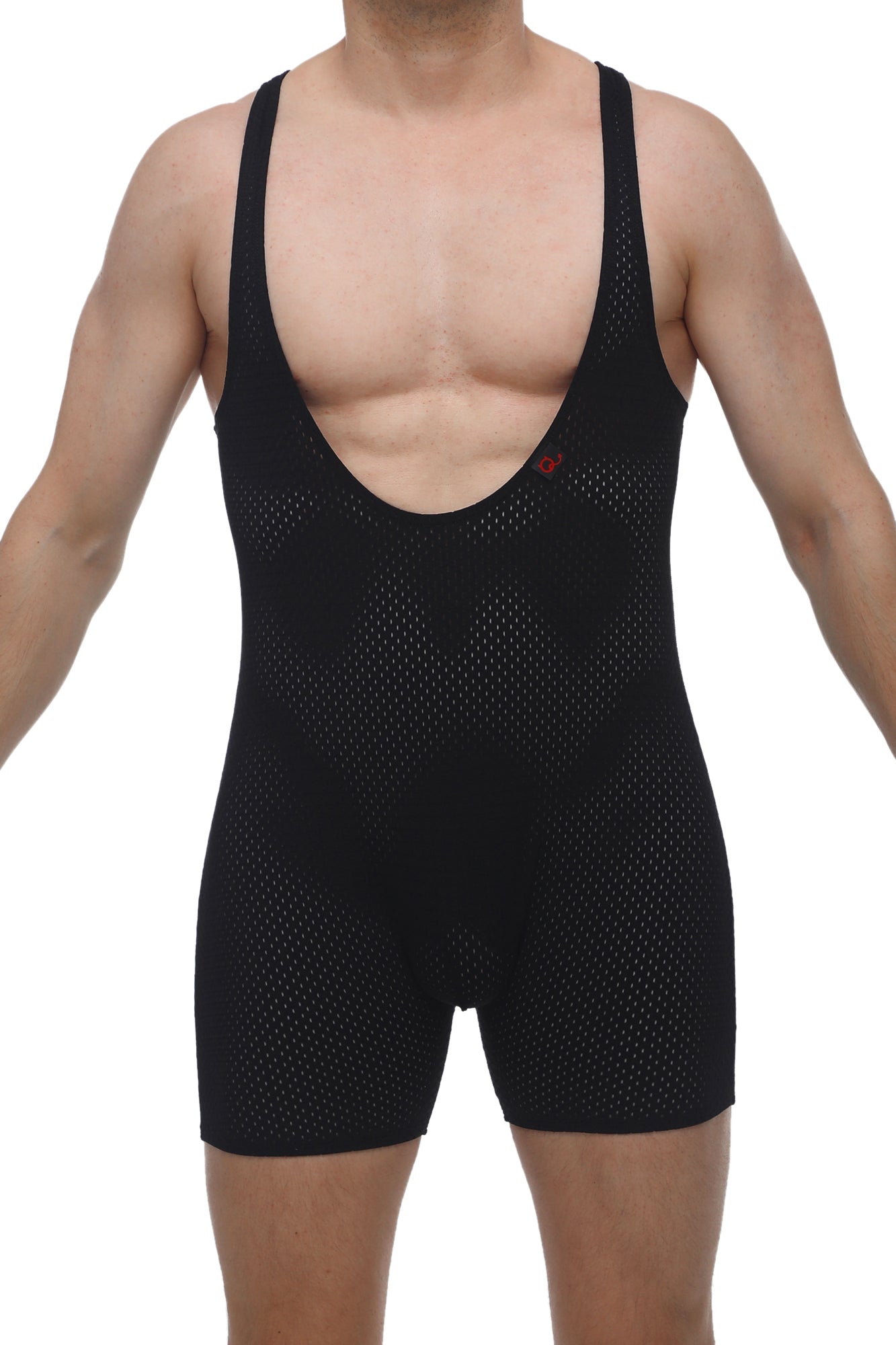 Petitq singlet bee black mesh athletic bodysuit with deep scoop neckline and wide shoulder straps