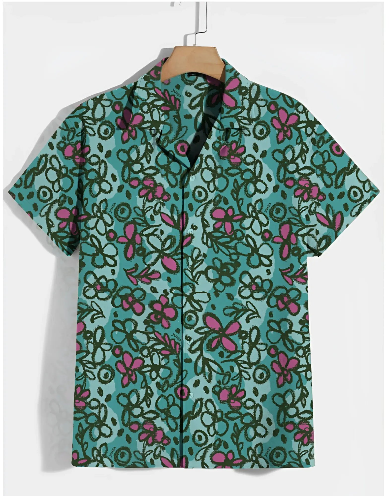 Teal sketchbook cosmos s s shirt with vibrant pink and dark green floral pattern on short sleeved hawaiian fabric
