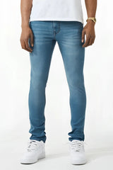 Skinny fit denim jean in blue with slim fit and subtle fading made from denim material