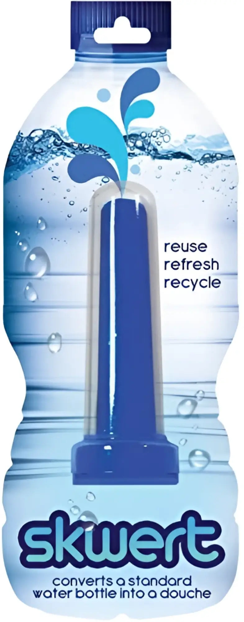 Blue skwert water bottle douche converter with sleek cylindrical design in transparent packaging by SKWERT