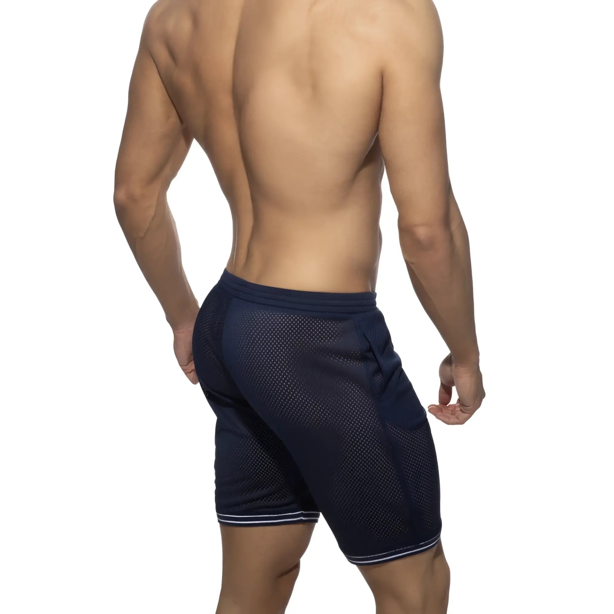 Navy blue mesh slam bermuda shorts with white trim along hem and waistband designed for athletic use