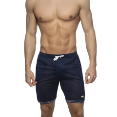 Navy blue mesh SLAM bermuda shorts with white drawstring and striped hem designed for athletic use