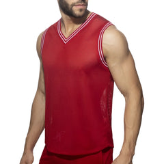 Slam v-neck sleeveless t-shirt in red mesh with white trim along v-neck and armholes for basketball use