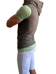 Brown hooded sleeveless vest with ribbed waistband and side pockets for yoga in army green color