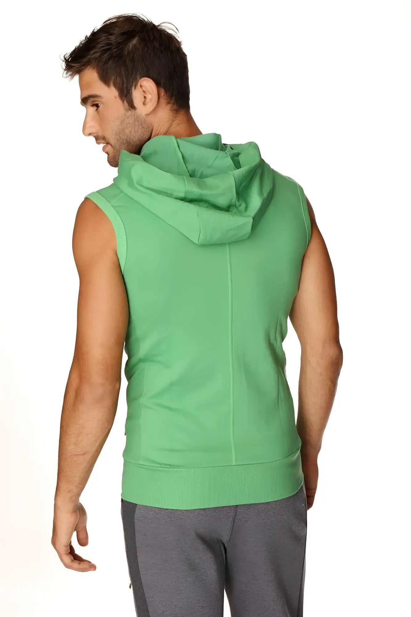 Green sleeveless yoga hoodie with hood and ribbed hem made from bamboo fabric for comfortable workouts