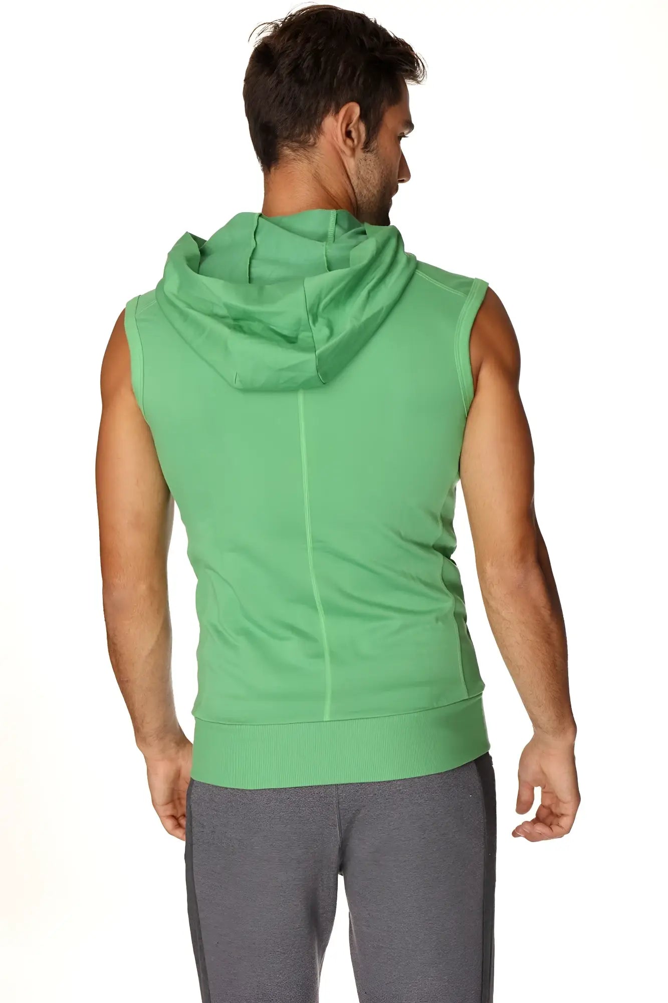 A vibrant bamboo green sleeveless yoga hoodie with hood and ribbed hem made from soft fabric