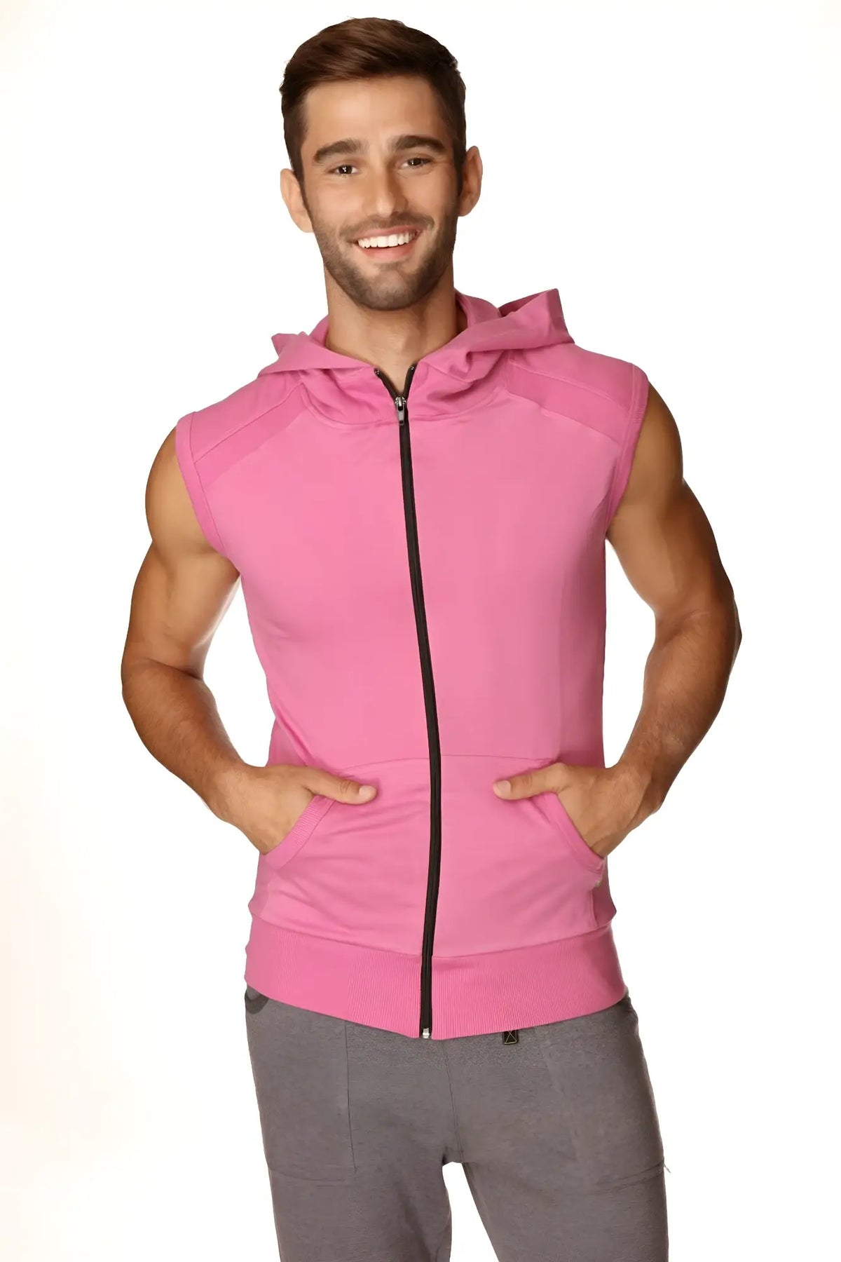Sleeveless yoga hoodie berry in pink with zip-up front hood and pockets made for comfortable workouts