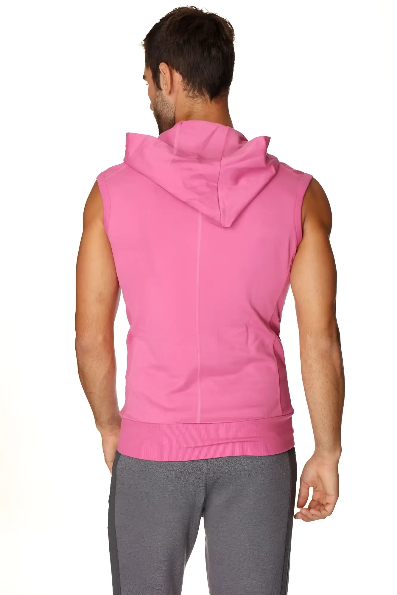 A vibrant berry sleeveless yoga hoodie with hood ribbed cuffs made from soft fabric for comfortable workouts
