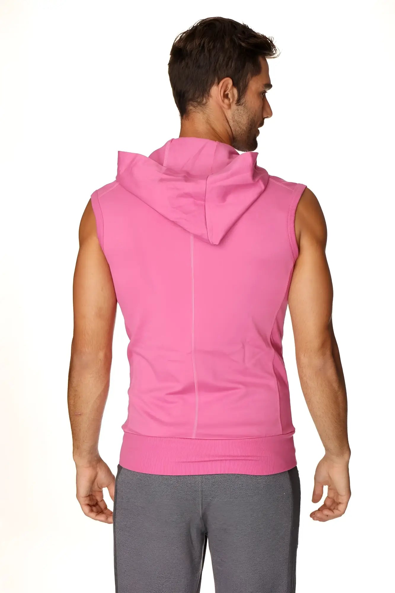 A vibrant pink sleeveless yoga hoodie with a hood and ribbed cuffs perfect for activewear and casual use