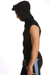 Black sleeveless yoga hoodie with hood and subtle side seam detailing designed for comfortable workouts