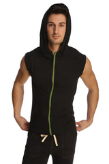 Black sleeveless yoga hoodie with lime green zipper and drawstring waistband designed for comfortable workouts