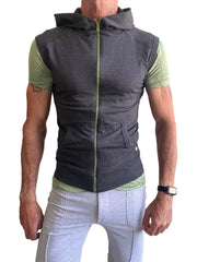 Sleeveless yoga hoodie charcoal gray zip-up vest with lime green zipper and sleeve accents over matching shirt