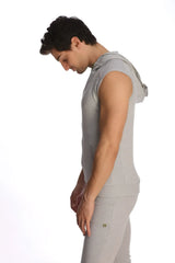 Gray sleeveless yoga hoodie with hood and front pocket made of soft heather grey fabric for comfortable wear