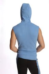 Light blue sleeveless yoga hoodie with hood and front seam detail designed for comfortable workouts