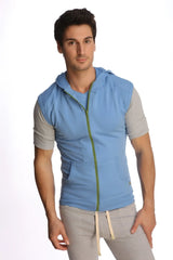 Light blue sleeveless yoga hoodie vest with gray short sleeves and front pockets for comfortable workouts