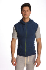 Navy blue and gray sleeveless yoga hoodie vest with lime green zipper trim designed for comfortable activewear