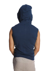 Navy blue sleeveless yoga hoodie with hood and back seam detail designed for comfortable activewear use