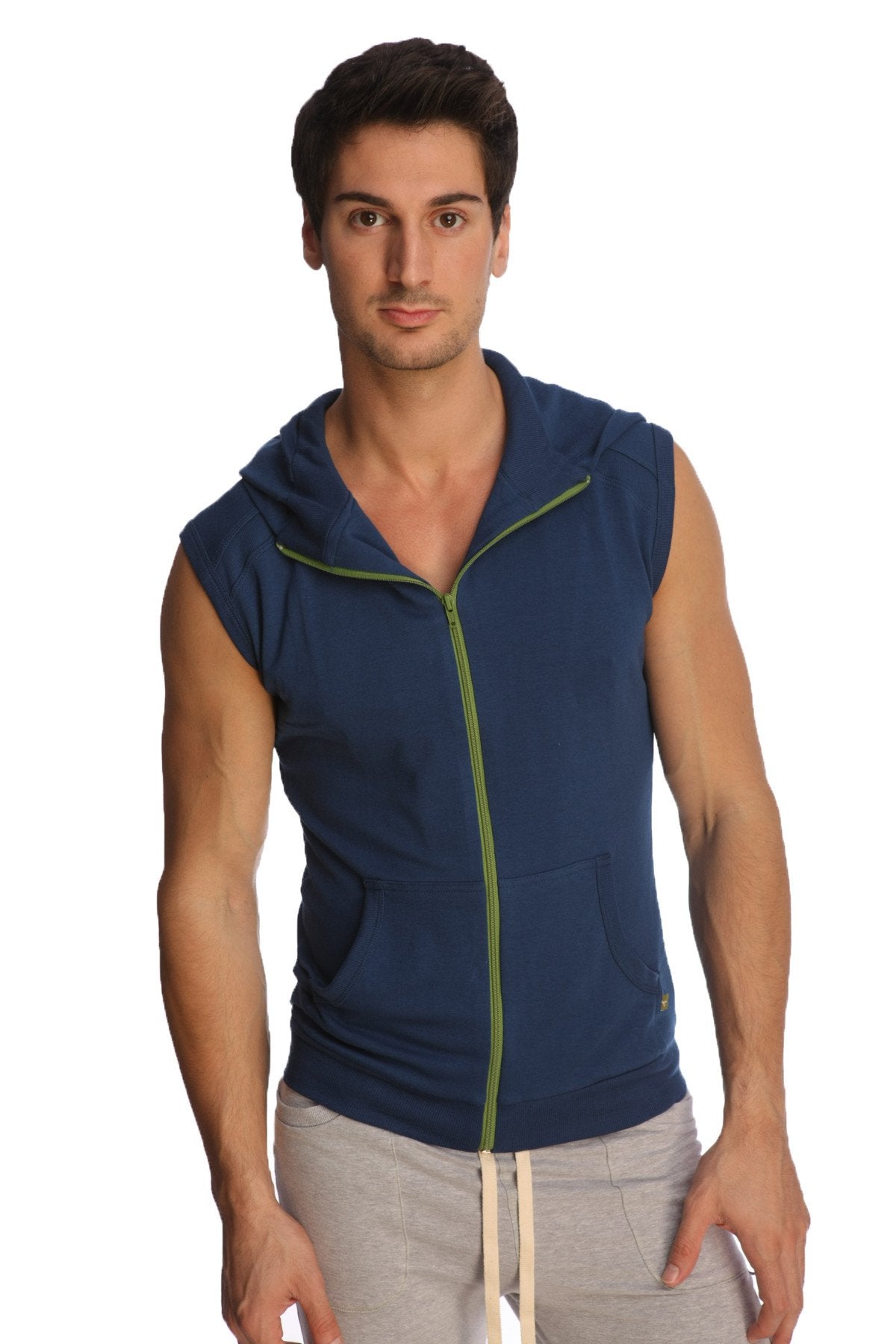 Navy blue sleeveless yoga hoodie with lime green zipper trim designed for comfort and active wear