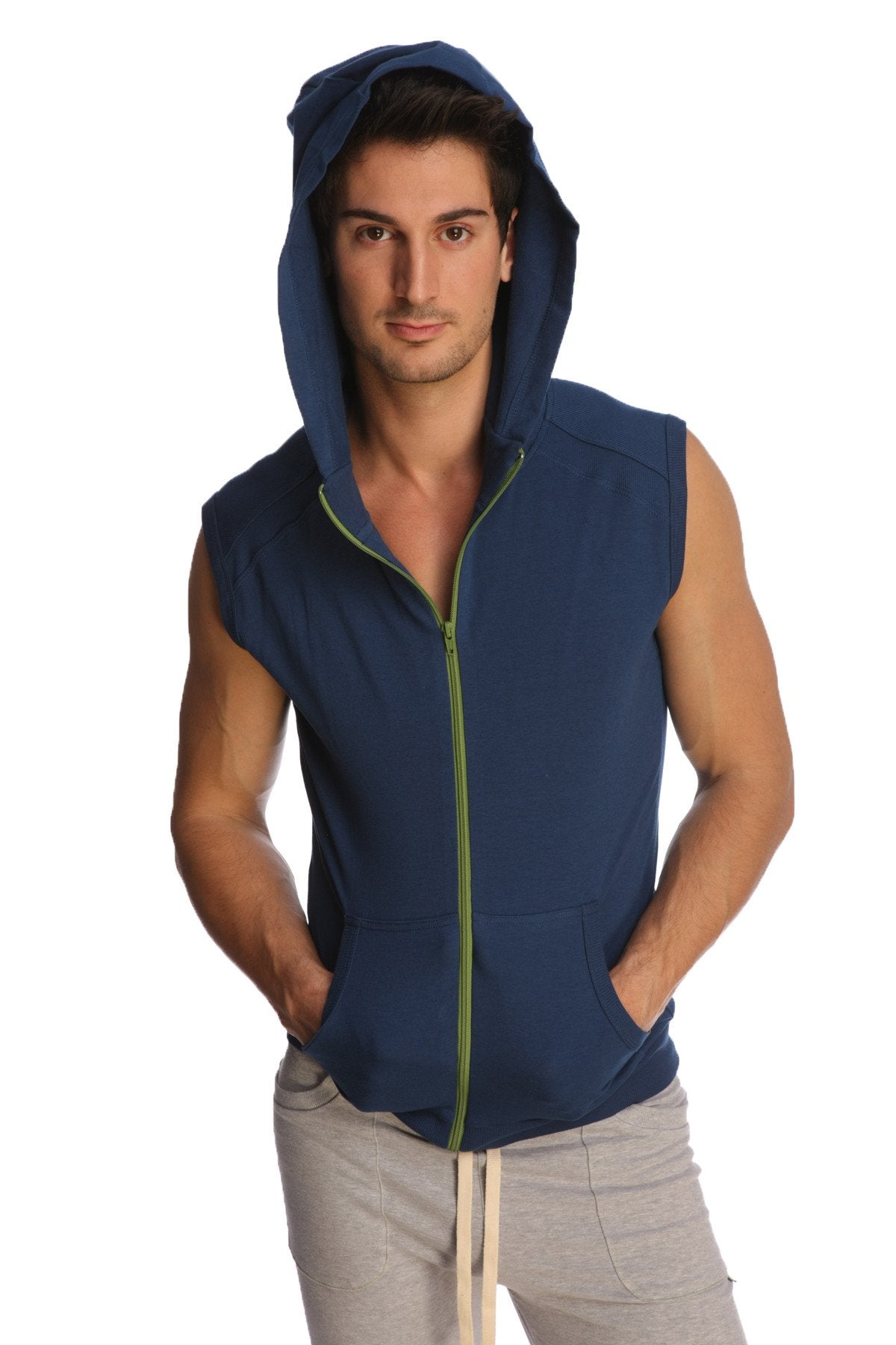 Sleeveless yoga hoodie in royal blue navy with lime green zipper and front pockets perfect for activewear