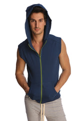 Sleeveless yoga hoodie in royal blue navy with lime green zipper and front pockets perfect for activewear