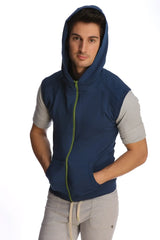 Navy blue sleeveless yoga hoodie with lime green zipper and gray short sleeves made for comfortable workouts
