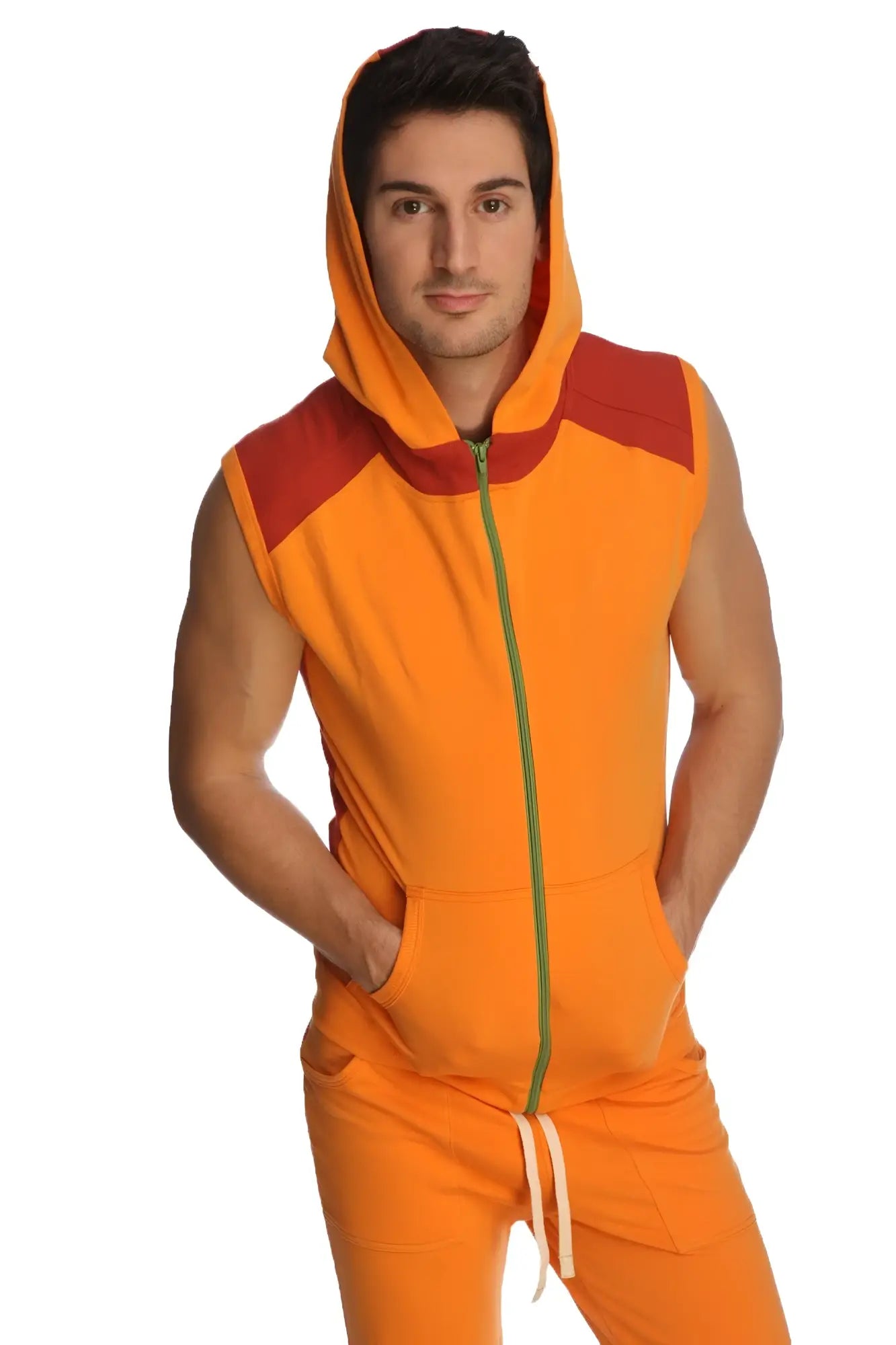 Sleeveless yoga hoodie in sun orange with green zipper and drawstring pants designed for comfortable workouts