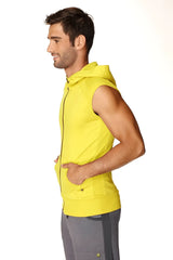 Bright yellow sleeveless yoga hoodie with full-length zipper and front pockets for comfortable workout wear