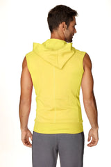 Bright yellow sleeveless yoga hoodie with hood and ribbed hem designed for comfortable activewear use