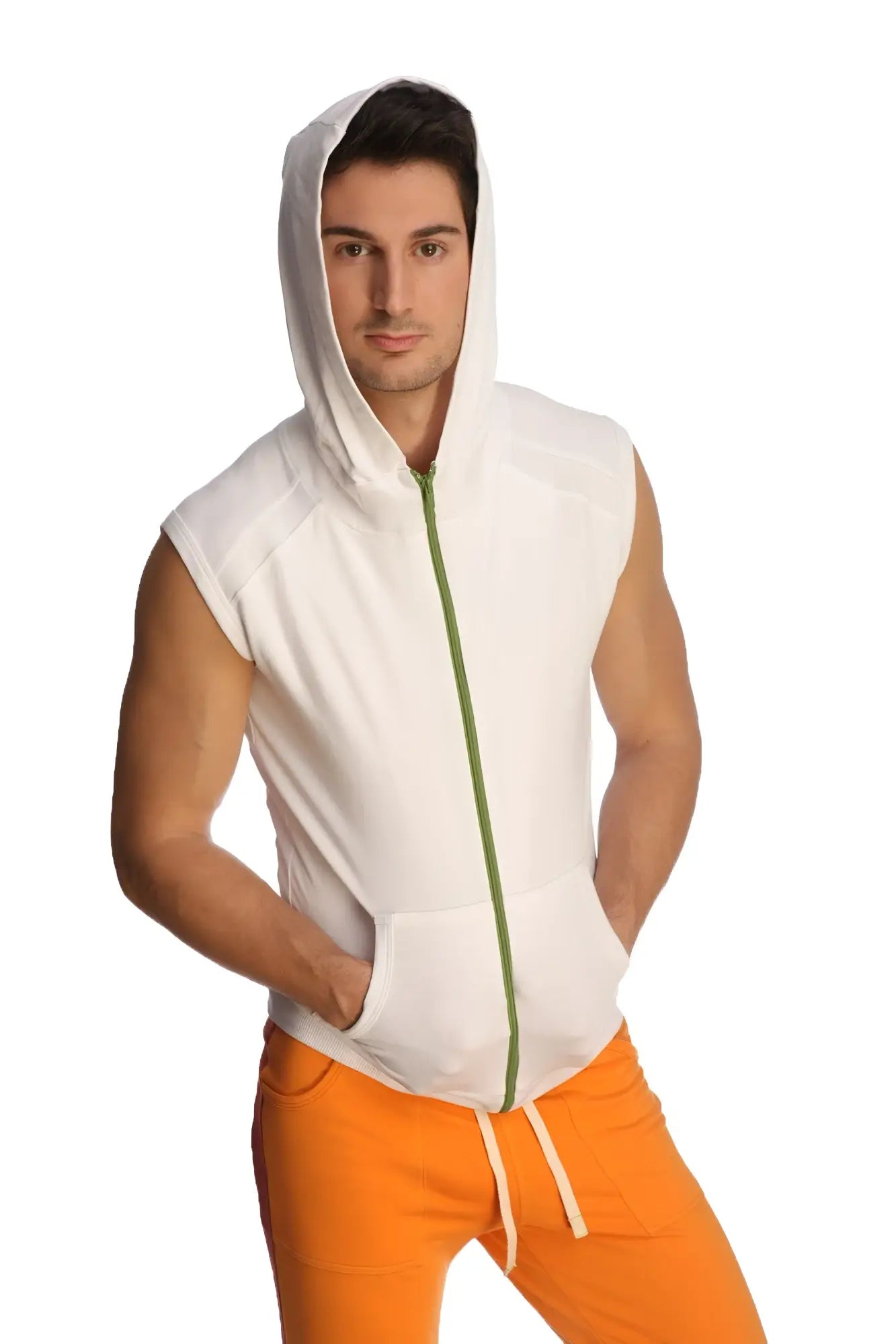 White sleeveless yoga hoodie with green zipper and front pockets designed for comfortable activewear use