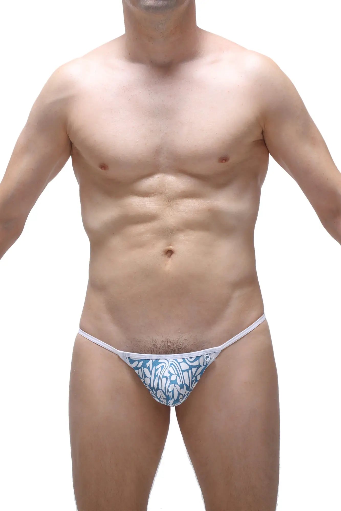 Blue and white patterned thong with thin matching waistband shown from the back in the slingshot herat carlot style