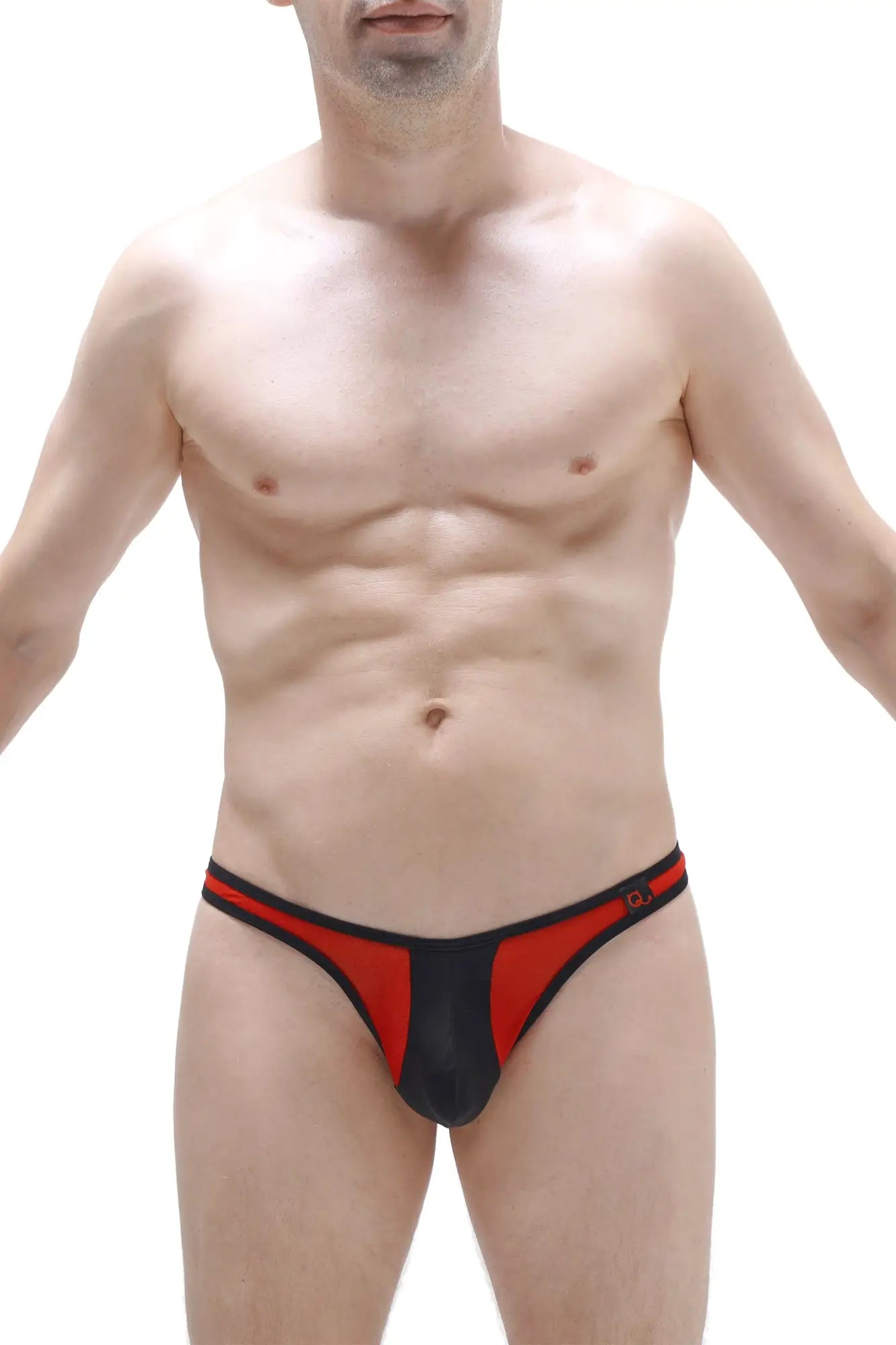 Black and red slingshot neuvit thong with mesh panel shown from the back