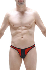Black and red slingshot neuvit thong with mesh panel shown from the back