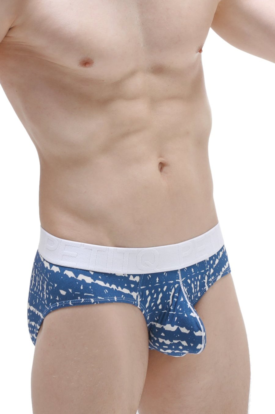 Petitq brief dome new denim blue and white patterned men’s briefs with solid white waistband front view