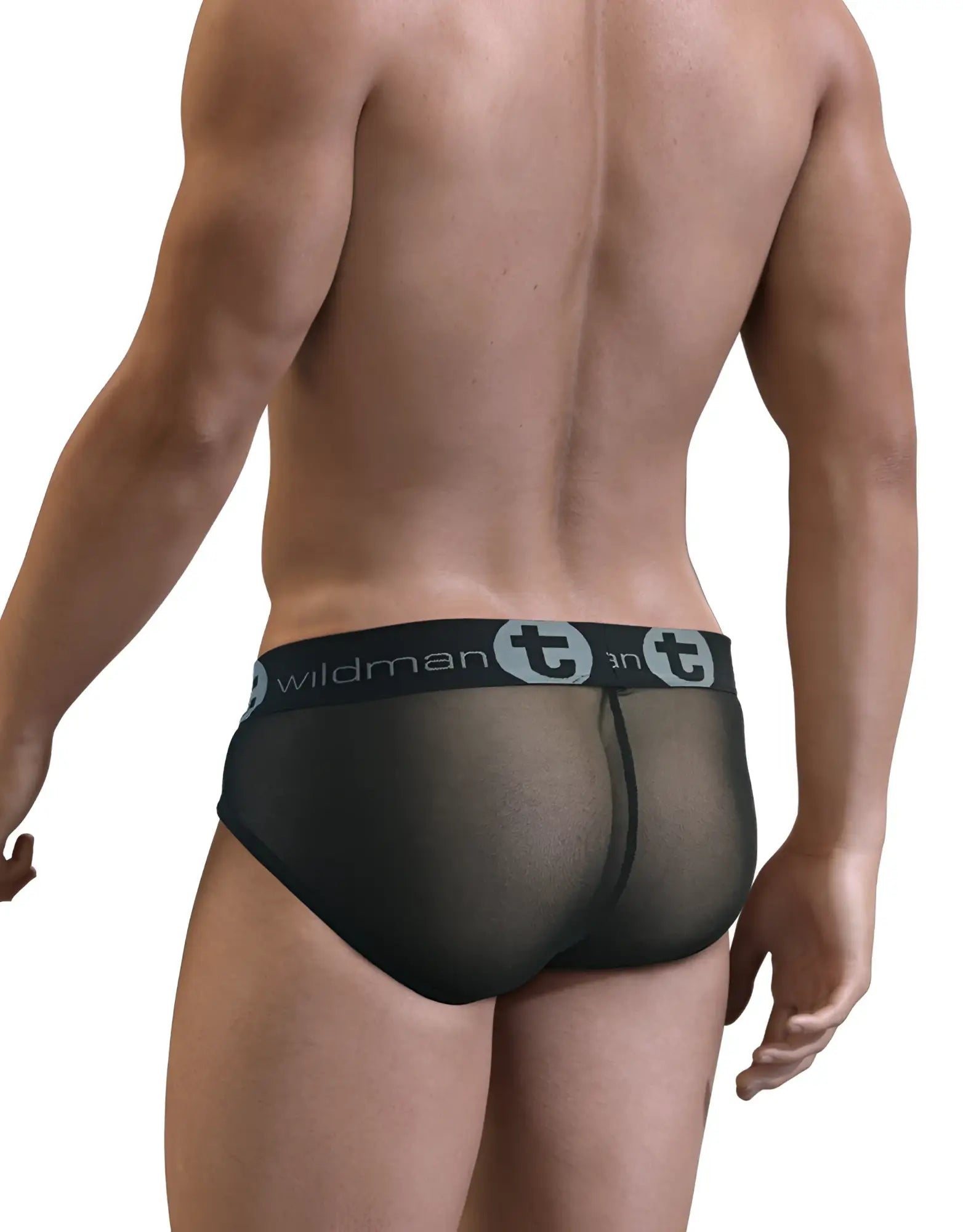 Black sheer mesh slut big boy pouch brief back with a black elastic waistband featuring wildman logo in gray