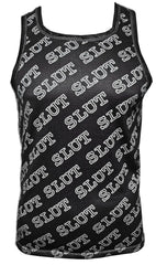 Black mesh sports tank top with white slut text printed diagonally across the fabric